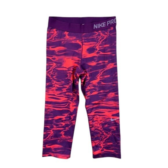 Nike Pro Girls M‎ Pink Purple Abstract Capri Leggings Dri-FIT Athletic Training - Picture 1 of 8